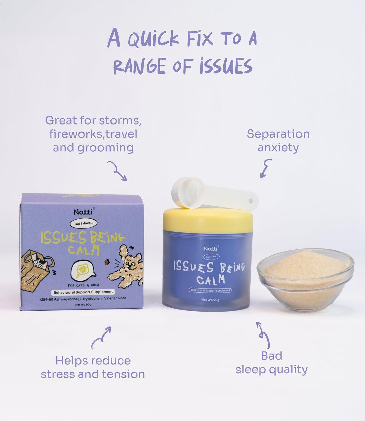 Notti Issues Being Calm benefits — eases stress, storms, fireworks, travel and grooming, separation anxiety, and poor sleep quality
