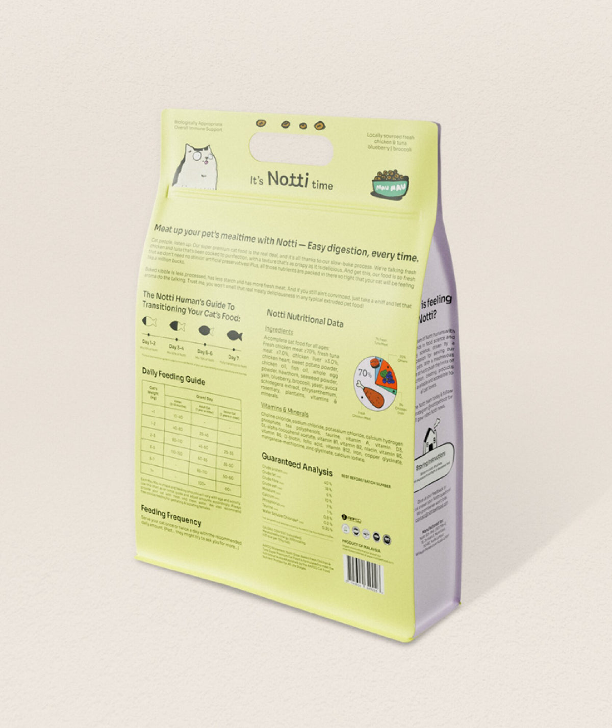 Back panel of Notti Slow-Baked Fresh Chicken & Tuna cat food bag with nutritional data, feeding guide and transition instructions