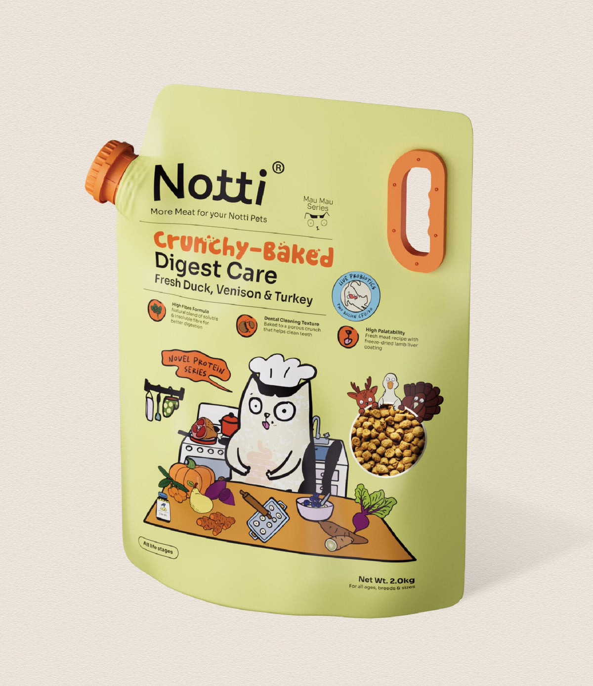 Notti Crunchy-Baked Digest Care Fresh Duck, Venison & Turkey cat food, 2.0kg pouch front packaging