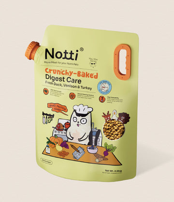 Notti Crunchy-Baked Digest Care Fresh Duck, Venison & Turkey cat food, 2.0kg pouch front packaging