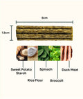 Notti dental chew ingredients — sweet potato starch, rice flour, spinach, broccoli and duck meat