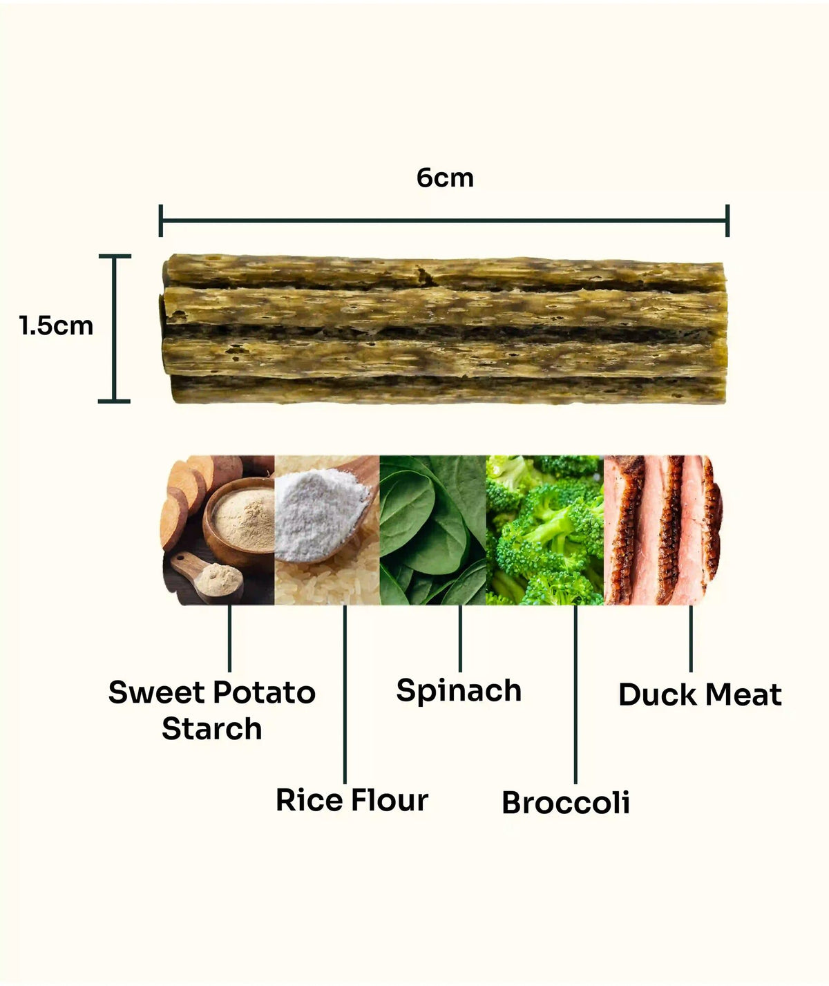 Notti dental chew ingredients — sweet potato starch, rice flour, spinach, broccoli and duck meat