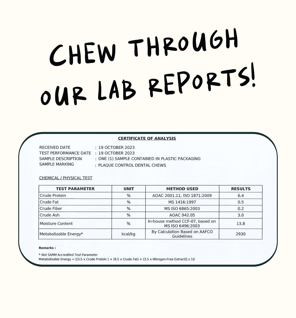 Notti Plaque Control Dental Chews certificate of analysis — crude protein, fat, fibre, ash, moisture and metabolizable energy lab results