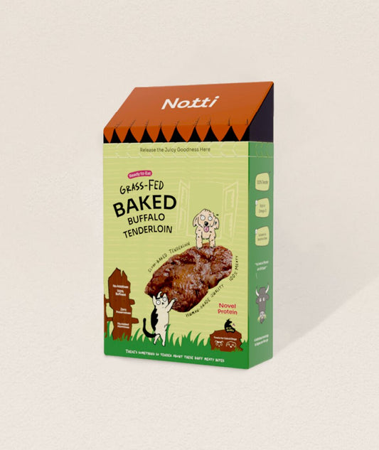 Notti Grass-Fed Baked Buffalo Tenderloin box, ready-to-eat slow-baked buffalo treats for cats and dogs, 4 x 20g