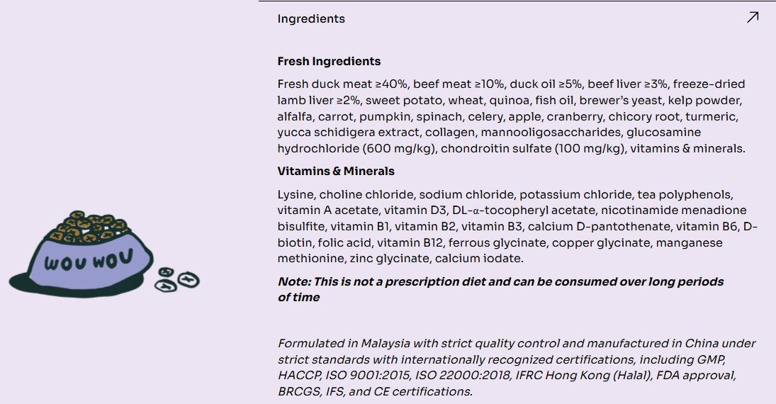 Ingredients and vitamins & minerals list for Notti Joint Care Duck & Beef dog food