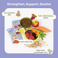 Notti Joint Care kibble with fresh beef, liver, sweet potato and apple, styled flat lay