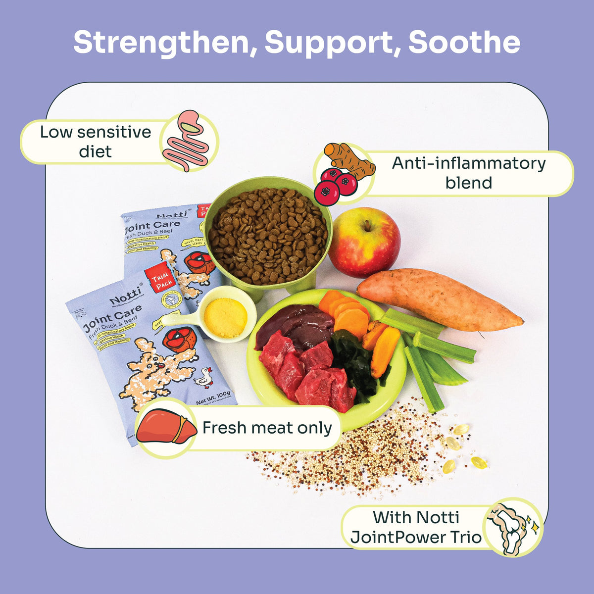Notti Joint Care kibble with fresh beef, liver, sweet potato and apple, styled flat lay