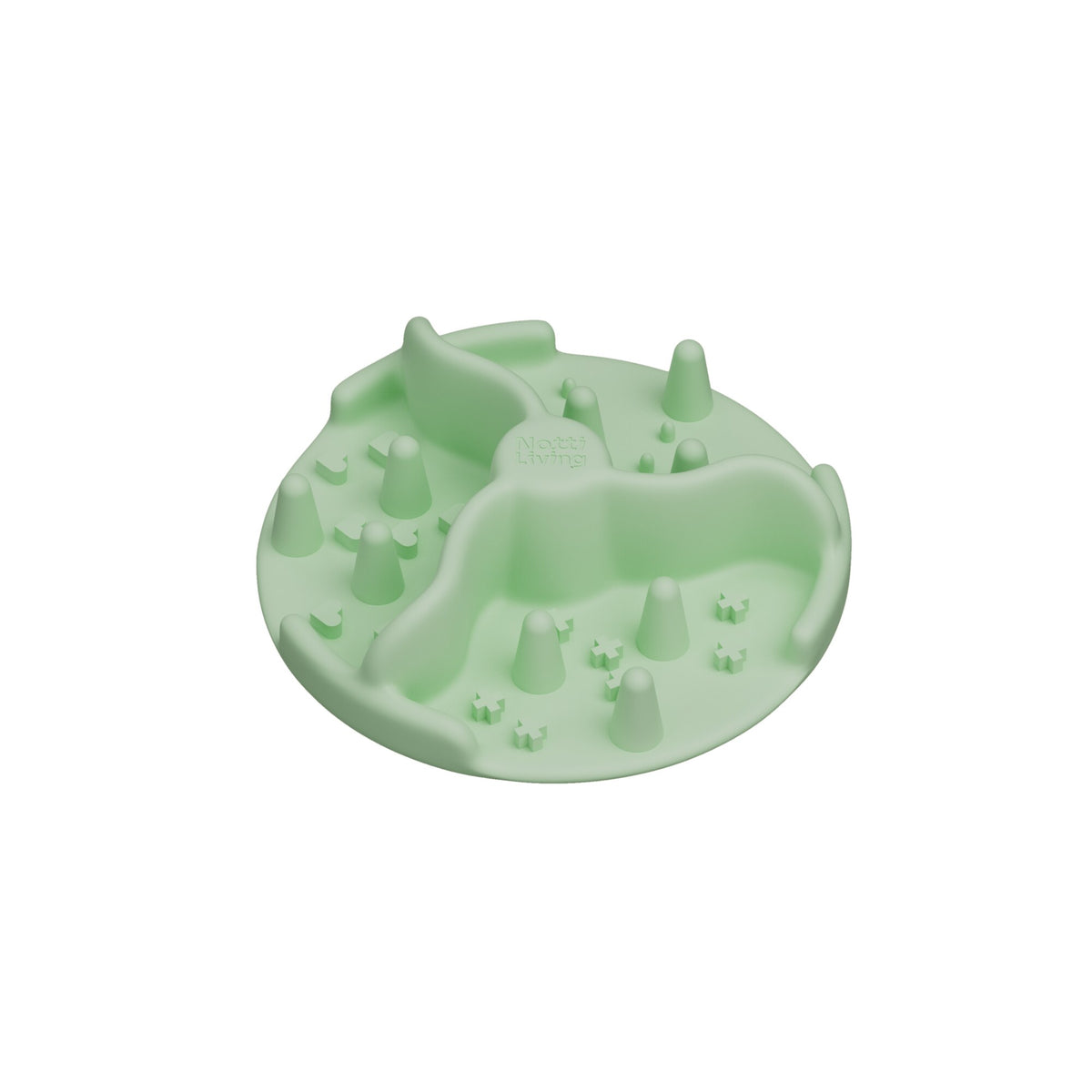Notti Living slow feeding accessory in Tea, a round soft green slow feeder with raised ridges and bumps that slow down mealtime