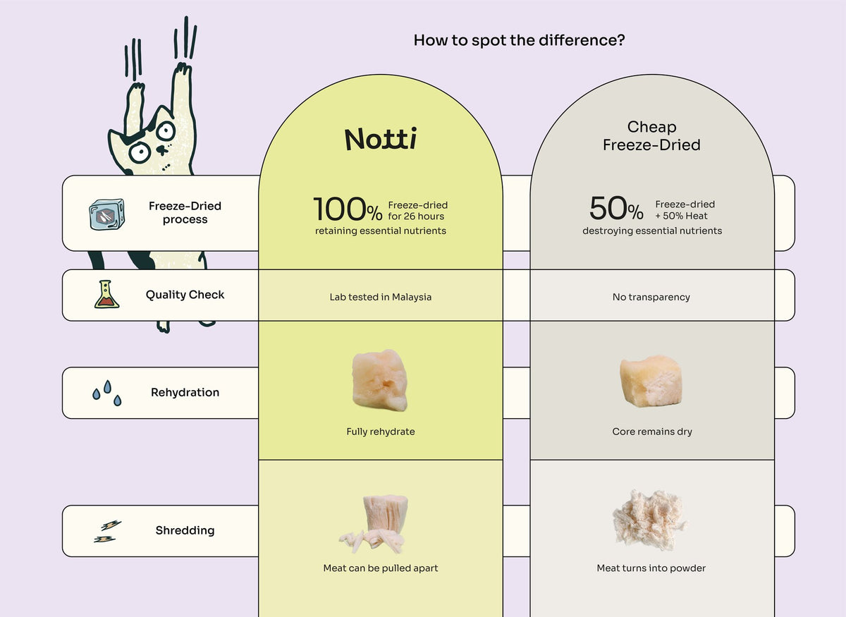 Notti vs. cheap freeze-dried treats — 100% freeze-dried process, lab tested, full rehydration vs. cheap freeze-dried shortcuts