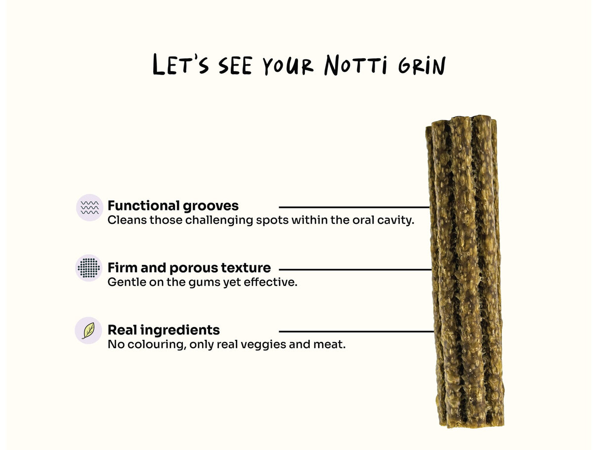 Close-up of a Notti dental chew showing functional grooves, firm porous texture and real meat and vegetable ingredients