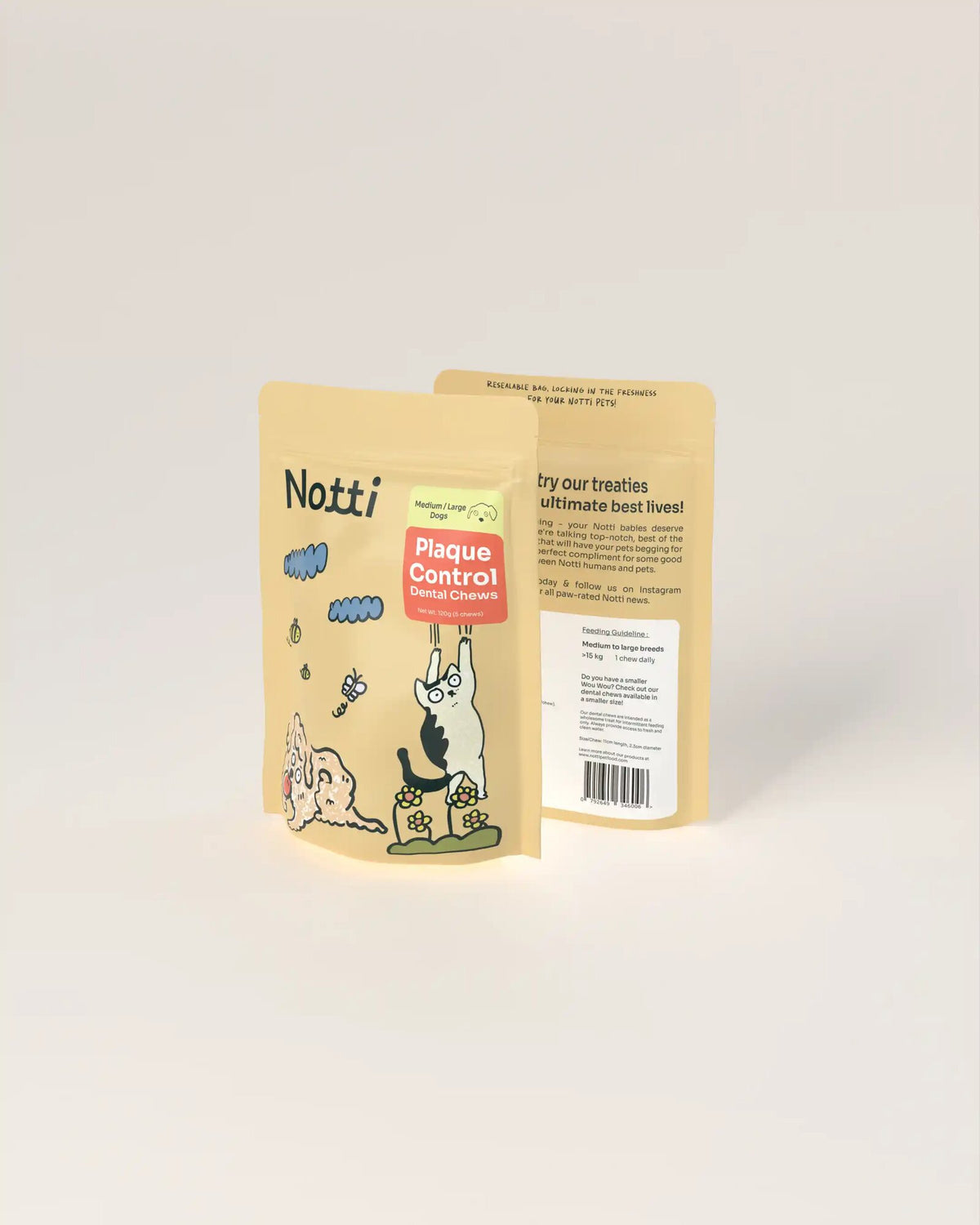 Notti Plaque Control Dental Chews for medium to large dogs, 120g resealable pouch with 5 chews, front and back