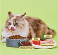 Cat licking its lips beside a bowl of Notti Dental Crunch with fish, chicken meat, chicken liver and mint