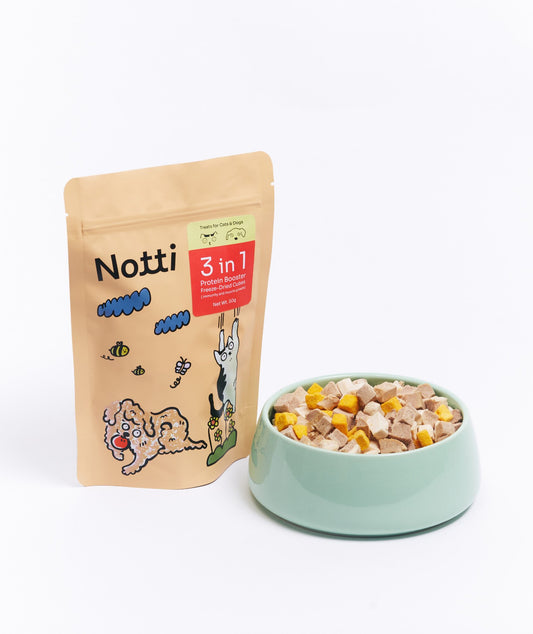 Notti 3-in-1 Protein Booster Freeze-Dried Cubes pack with cubes served in a bowl