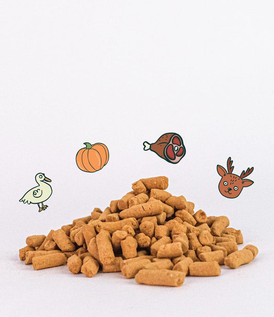 Pile of Notti Stool Regulator freeze-dried chunks made with duck, beef, venison and pumpkin