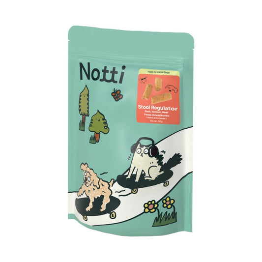 Notti Stool Regulator Duck, Venison & Beef Freeze-Dried Chunks, 50g resealable pouch of treats for cats and dogs