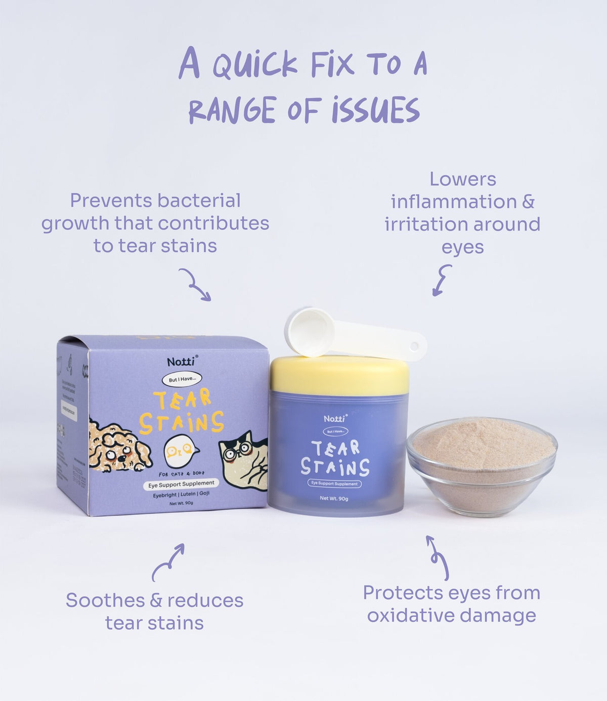 Notti Tear Stains benefits — soothes tear stains, lowers inflammation, prevents bacterial growth and protects eyes from oxidative damage