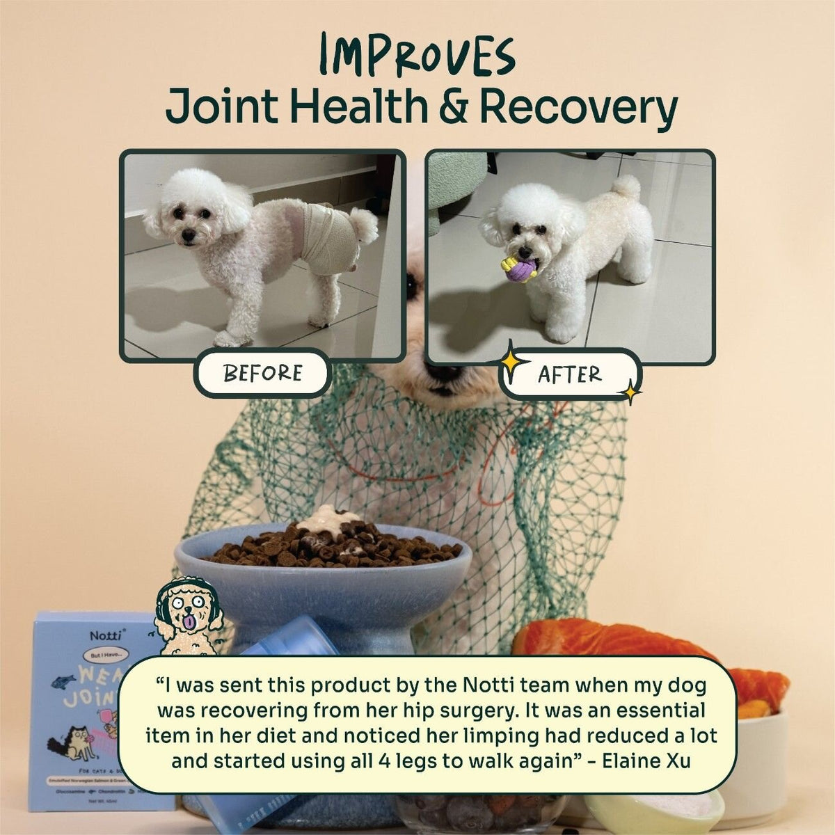 Notti Weak Joints improves joint health and recovery — before/after photos of a dog's hip surgery recovery with customer testimonial
