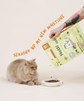 Cat licking its lips beside a bowl of kibble as Notti Weight Care Chicken & Lamb is poured from the bag, 