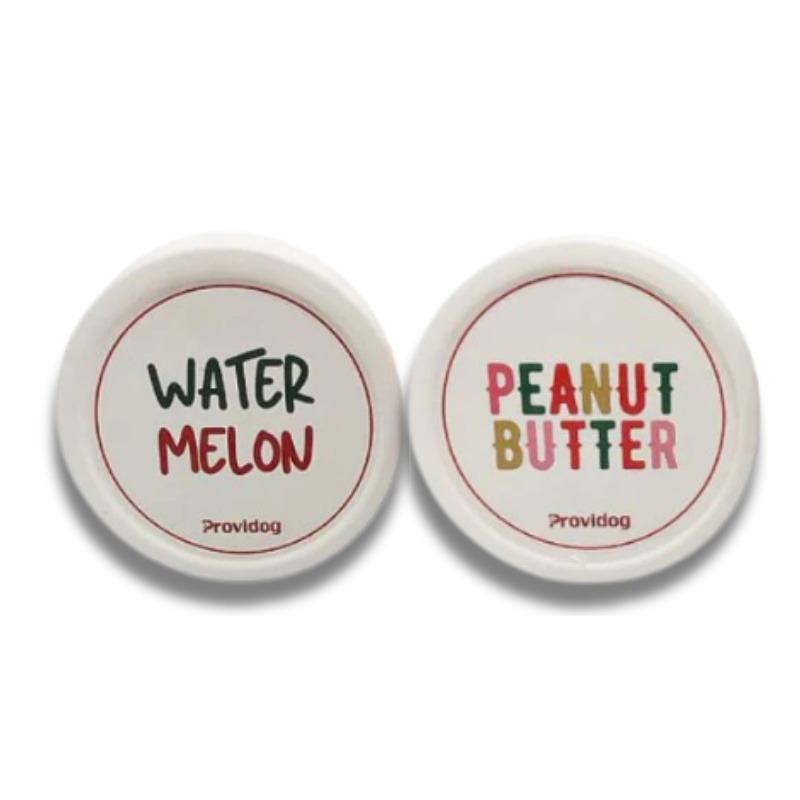 Two round pet bowls labeled 'Watermelon' and 'Peanut Butter' on a white background.