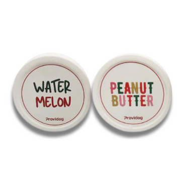 Two round pet bowls labeled 'Watermelon' and 'Peanut Butter' on a white background.