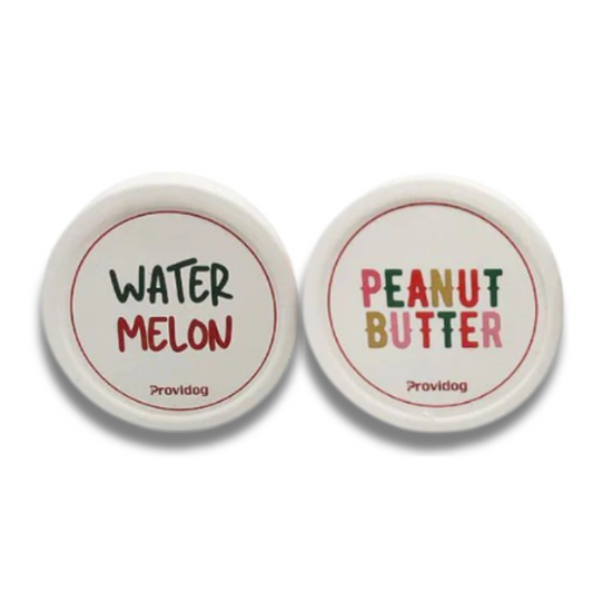 Two round pet bowls labeled 'Watermelon' and 'Peanut Butter' on a white background.