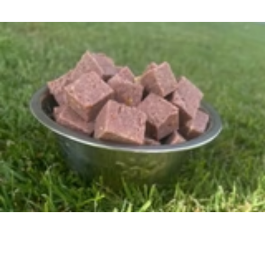 Regal Beef with Carrot and Couscous frozen roll served in a dog bowl