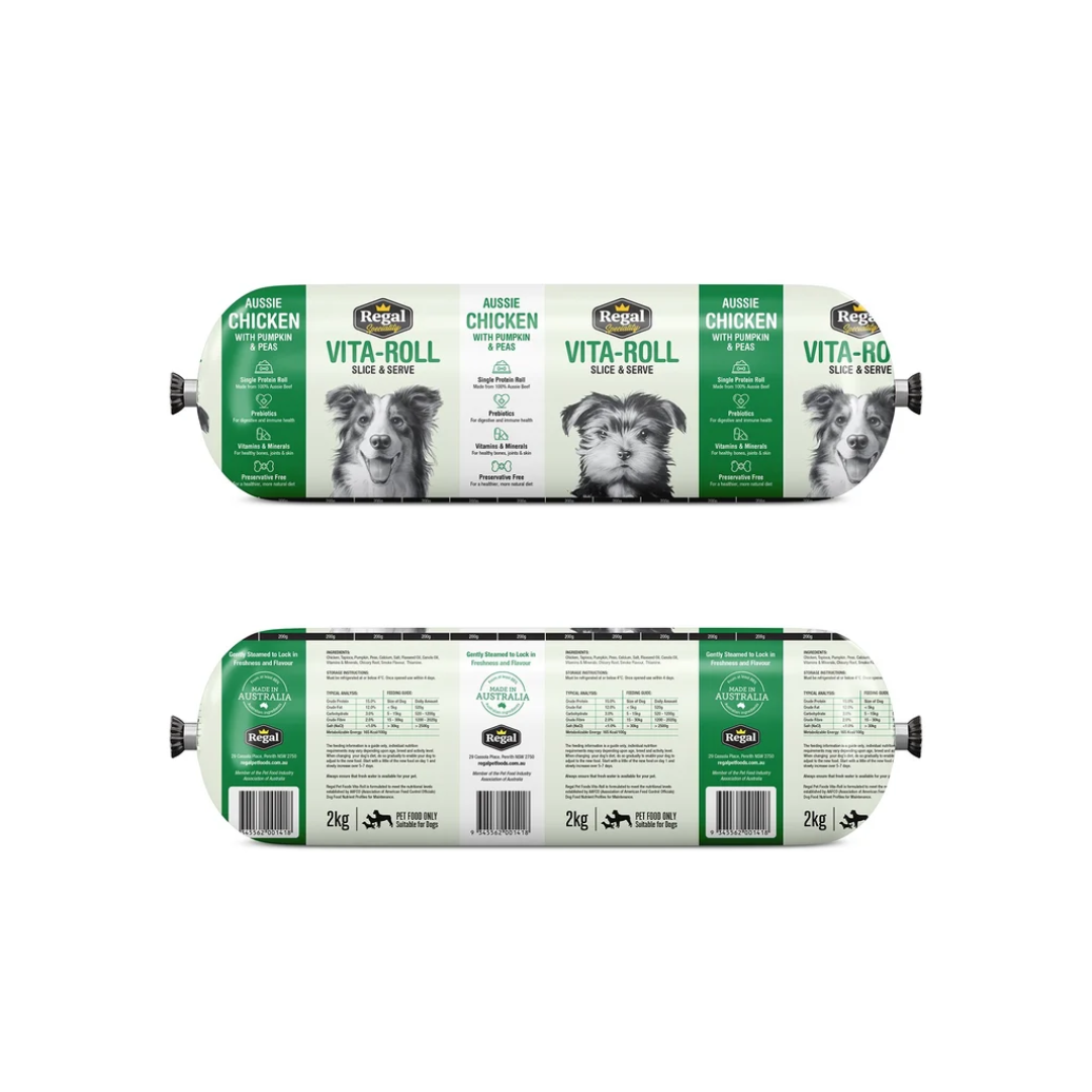 Regal Chicken with Pumpkin and Peas frozen roll dog food 2kg packaging
