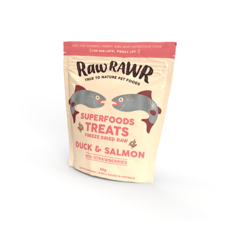 Raw Rawr Treats Duck & Salmon with Strawberries | Kangaroo with Blueberries 50g