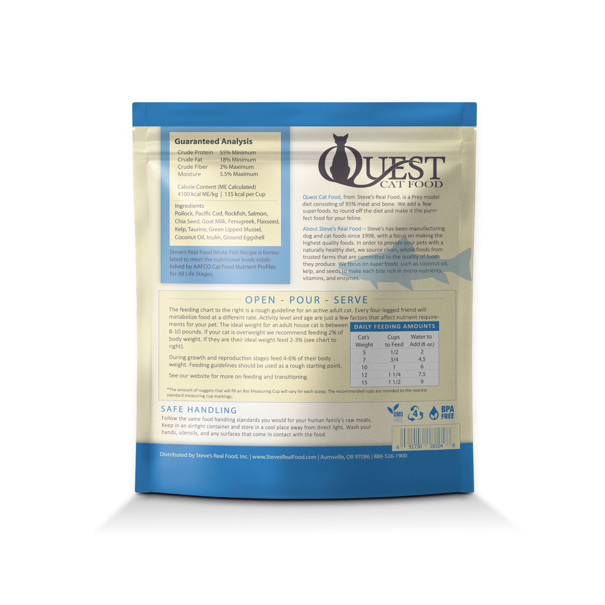 Steve's Real Food Quest Freeze-Dried White Fish Bite Size Nuggets for Cats 10oz - feeding information - Pawmrkt Singapore
